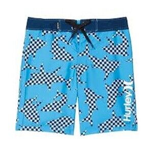 HURLEY Big Boy's Shark Check Boardshort Shorts 20/30 Blue Swim Trunks NWT B19